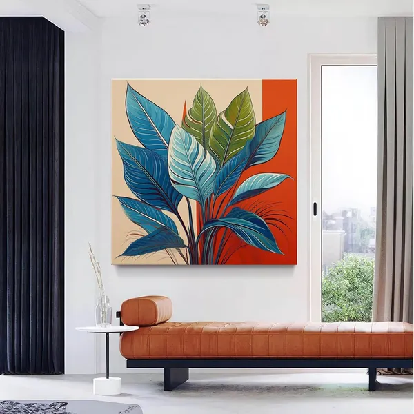 Modern_Botanical_Art_Print_-_Blue_and_Green_Leaves_on_Red_and_Beige_Background_for_Contemporary_Home_Décor