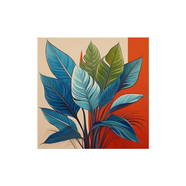 Modern_Botanical_Art_Print_-_Blue_and_Green_Leaves_on_Red_and_Beige_Background_for_Contemporary_Home_Décor