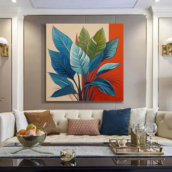 Modern_Botanical_Art_Print_-_Blue_and_Green_Leaves_on_Red_and_Beige_Background_for_Contemporary_Home_Décor