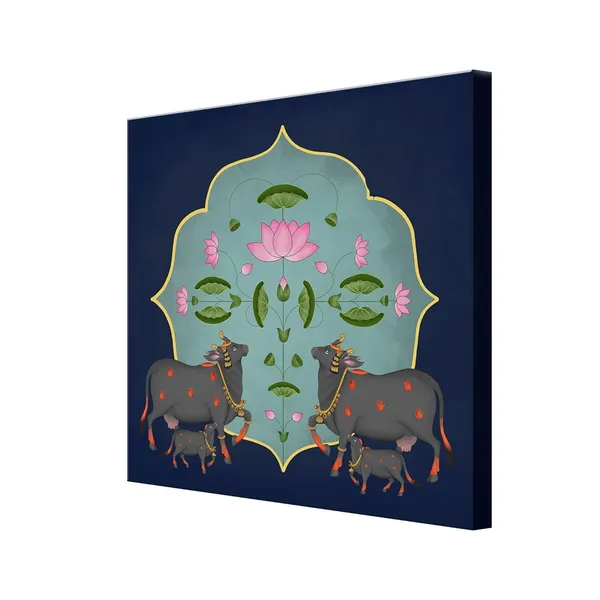 Traditional_Indian_Art_Print_-_Ornate_Black_Cows_and_Lotus_Flowers_on_Blue_Background