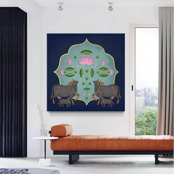 Traditional_Indian_Art_Print_-_Ornate_Black_Cows_and_Lotus_Flowers_on_Blue_Background