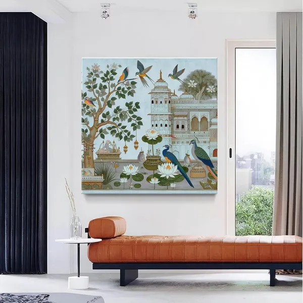 Traditional_Indian_Garden_Art_Print_-_Elegant_Peacocks_and_Birds_with_Lush_Foliage_and_Historic_Architecture
