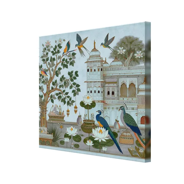 Traditional_Indian_Garden_Art_Print_-_Elegant_Peacocks_and_Birds_with_Lush_Foliage_and_Historic_Architecture