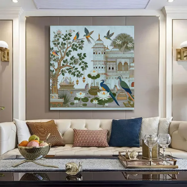 Traditional_Indian_Garden_Art_Print_-_Elegant_Peacocks_and_Birds_with_Lush_Foliage_and_Historic_Architecture