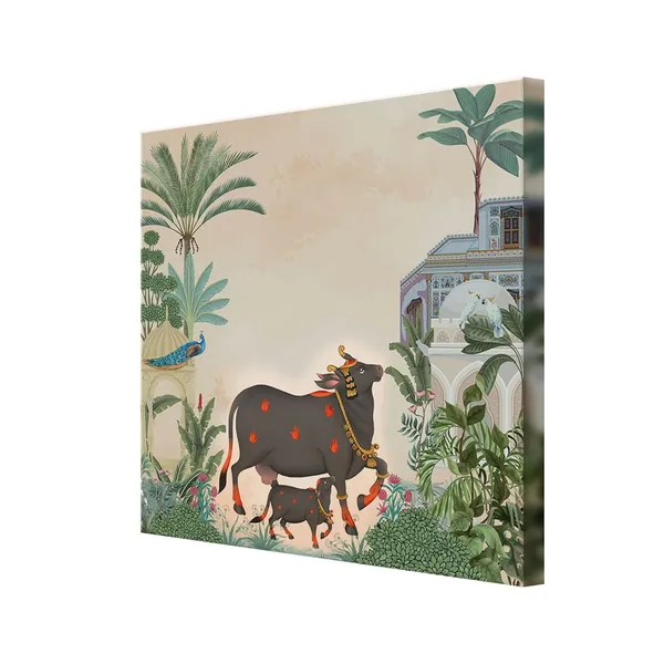 Traditional_Indian_Garden_Art_Print_-_Elegant_Black_Cow_and_Calf_with_Tropical_Foliage_and_Historic_Architecture_for_Serene_Home_Décor