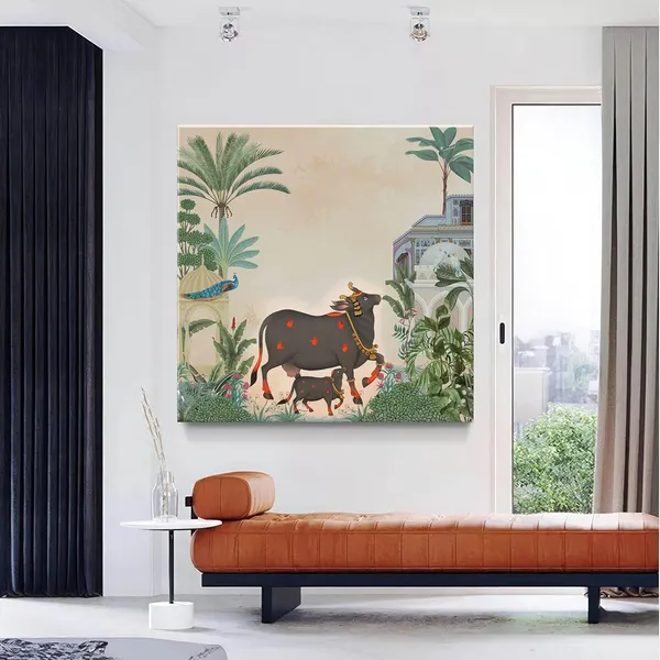 Traditional_Indian_Garden_Art_Print_-_Elegant_Black_Cow_and_Calf_with_Tropical_Foliage_and_Historic_Architecture_for_Serene_Home_Décor