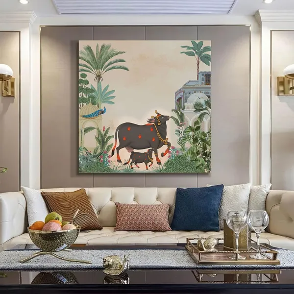 Traditional_Indian_Garden_Art_Print_-_Elegant_Black_Cow_and_Calf_with_Tropical_Foliage_and_Historic_Architecture_for_Serene_Home_Décor