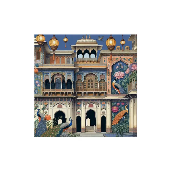 Traditional_Indian_Palace_Art_Print_-_Vibrant_Facade_with_Ornate_Architecture,_Intricate_Murals,_and_Elegant_Peacocks