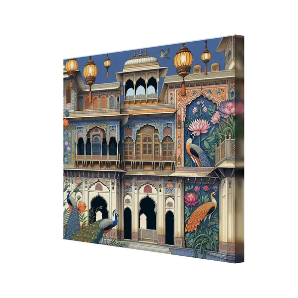 Traditional_Indian_Palace_Art_Print_-_Vibrant_Facade_with_Ornate_Architecture,_Intricate_Murals,_and_Elegant_Peacocks