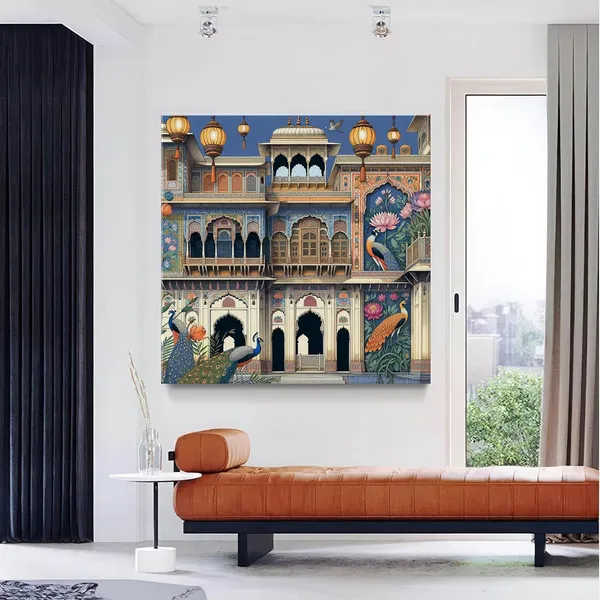 Traditional_Indian_Palace_Art_Print_-_Vibrant_Facade_with_Ornate_Architecture,_Intricate_Murals,_and_Elegant_Peacocks