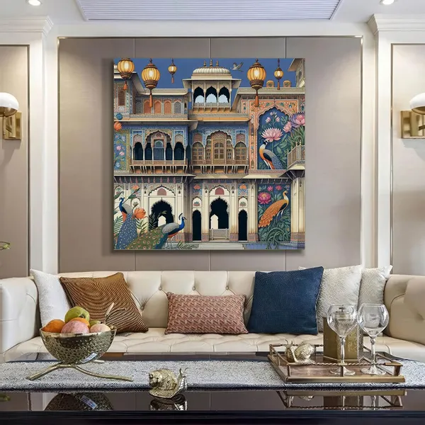Traditional_Indian_Palace_Art_Print_-_Vibrant_Facade_with_Ornate_Architecture,_Intricate_Murals,_and_Elegant_Peacocks
