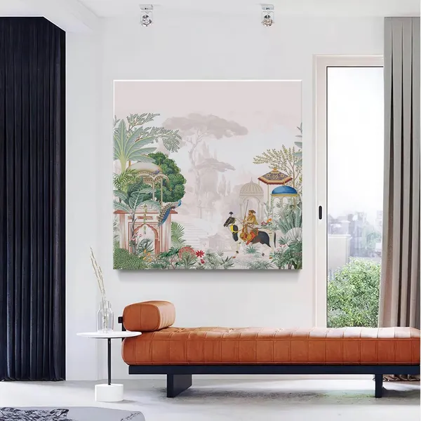 Traditional_Indian_Garden_Art_Print_-_Elegant_Peacocks,_Historical_Figures,_and_Lush_Foliage_with_Soft_Pastel_Tones