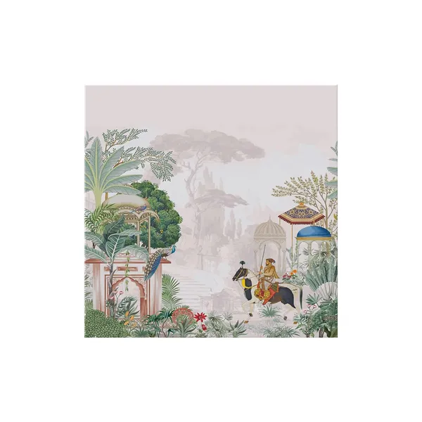 Traditional_Indian_Garden_Art_Print_-_Elegant_Peacocks,_Historical_Figures,_and_Lush_Foliage_with_Soft_Pastel_Tones
