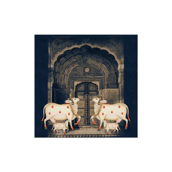 Traditional_Indian_Art_Print_-_White_Cows_with_Calves_in_Front_of_Intricate_Archway_for_Elegant_Home_Décor