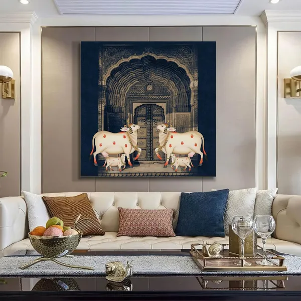 Traditional_Indian_Art_Print_-_White_Cows_with_Calves_in_Front_of_Intricate_Archway_for_Elegant_Home_Décor