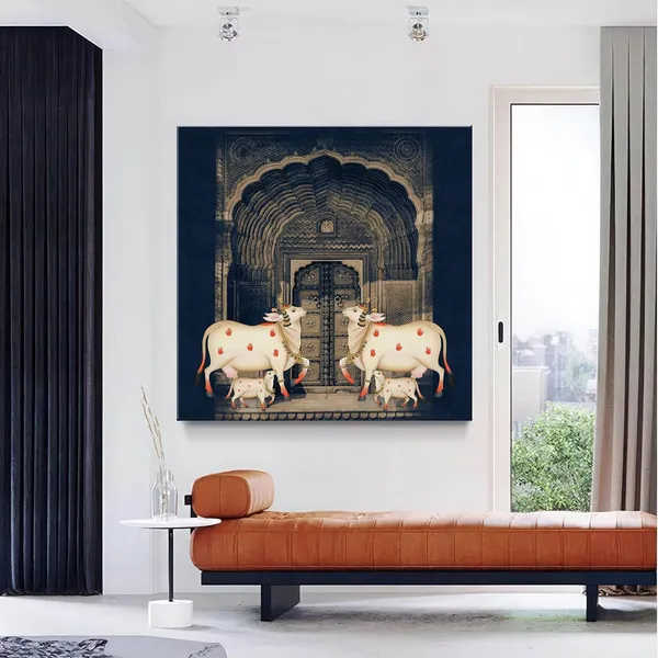 Traditional_Indian_Art_Print_-_White_Cows_with_Calves_in_Front_of_Intricate_Archway_for_Elegant_Home_Décor