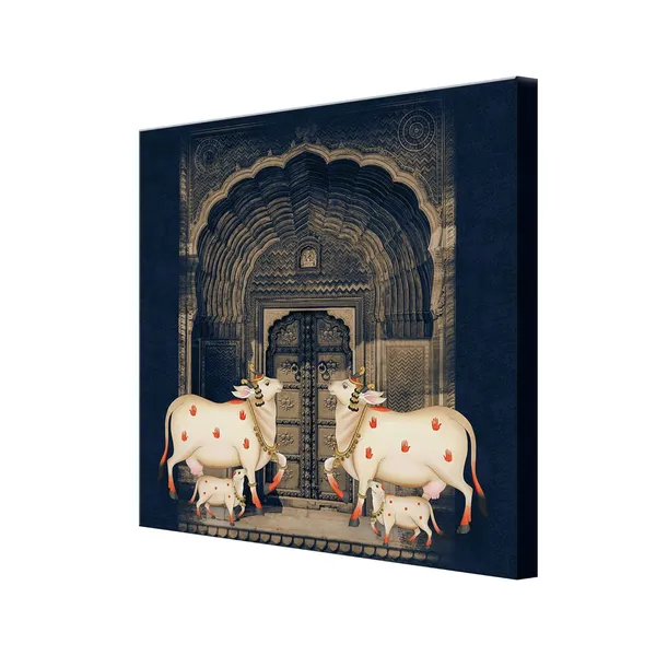 Traditional_Indian_Art_Print_-_White_Cows_with_Calves_in_Front_of_Intricate_Archway_for_Elegant_Home_Décor