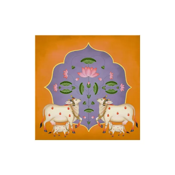 Vibrant_Ornamental_Cow_and_Lotus_Flower_Art_Print_-_Traditional_Decorative_Painting_with_Bold_Color_Palette_and_Elegant_Gold_Accents