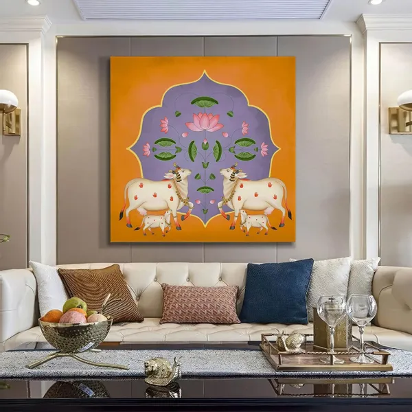 Vibrant_Ornamental_Cow_and_Lotus_Flower_Art_Print_-_Traditional_Decorative_Painting_with_Bold_Color_Palette_and_Elegant_Gold_Accents