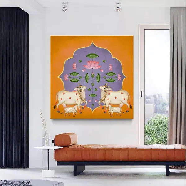 Vibrant_Ornamental_Cow_and_Lotus_Flower_Art_Print_-_Traditional_Decorative_Painting_with_Bold_Color_Palette_and_Elegant_Gold_Accents