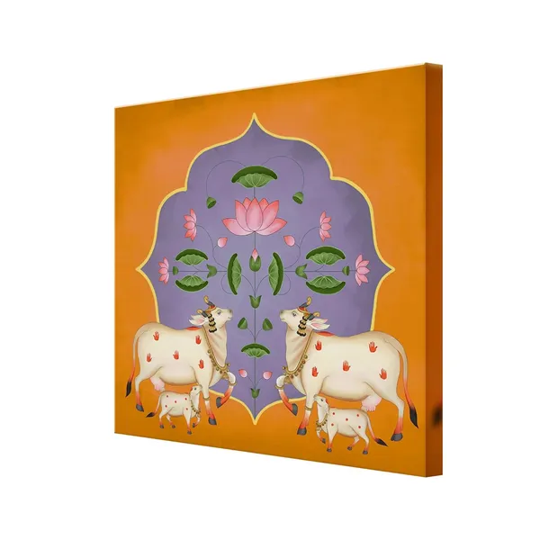 Vibrant_Ornamental_Cow_and_Lotus_Flower_Art_Print_-_Traditional_Decorative_Painting_with_Bold_Color_Palette_and_Elegant_Gold_Accents