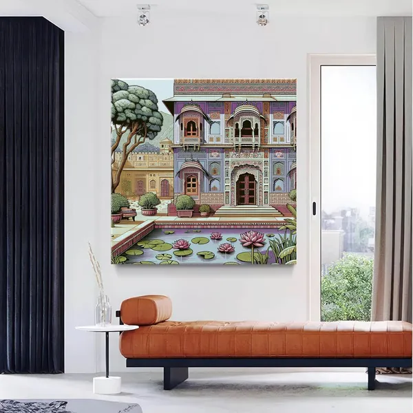 Traditional_Indian_Palace_Art_Print_-_Ornate_Architecture_with_Lotus_Pond_and_Vibrant_Colors_for_Elegant_Home_Decor