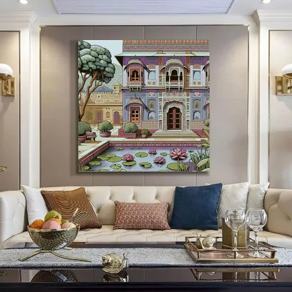 Traditional_Indian_Palace_Art_Print_-_Ornate_Architecture_with_Lotus_Pond_and_Vibrant_Colors_for_Elegant_Home_Decor