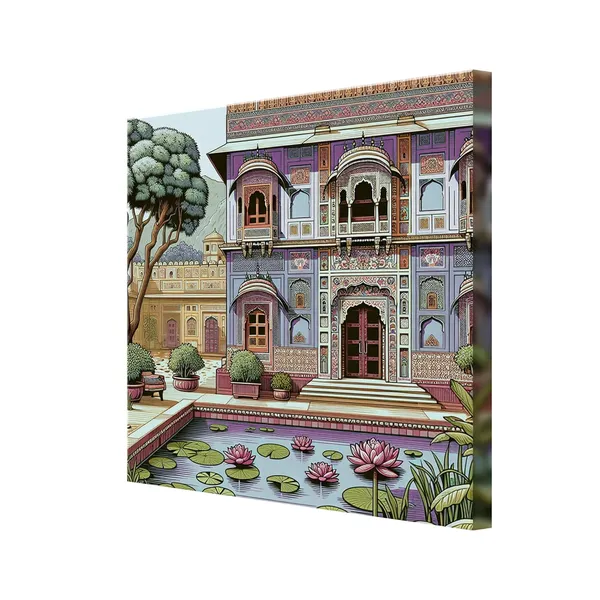 Traditional_Indian_Palace_Art_Print_-_Ornate_Architecture_with_Lotus_Pond_and_Vibrant_Colors_for_Elegant_Home_Decor
