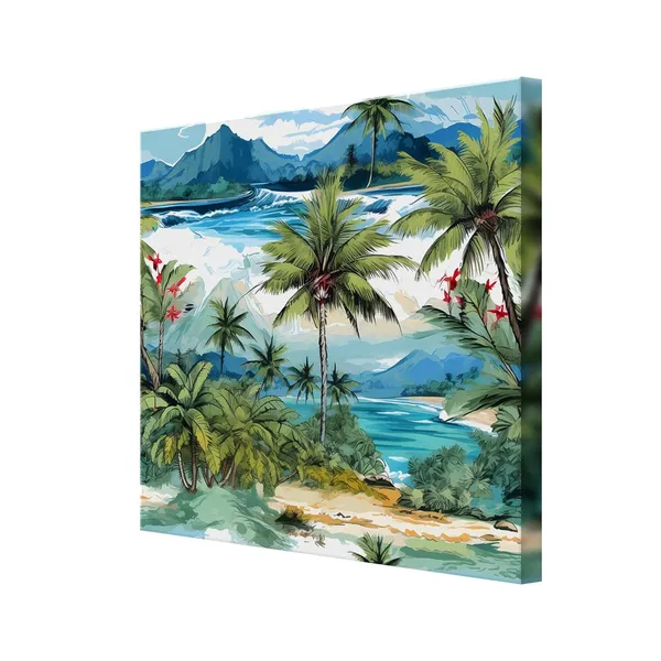Tropical_Beach_Art_Print_-_Vibrant_Palm_Trees,_Mountains,_and_Turquoise_Sea_Painting_for_Exotic_Home_Décor