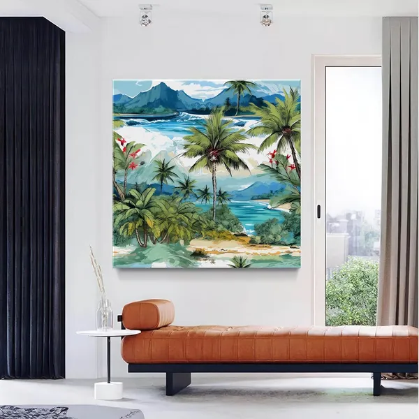 Tropical_Beach_Art_Print_-_Vibrant_Palm_Trees,_Mountains,_and_Turquoise_Sea_Painting_for_Exotic_Home_Décor