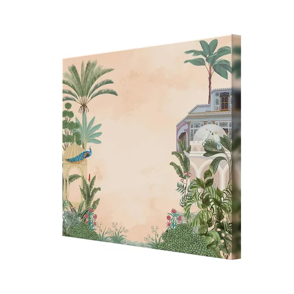 Traditional_Indian_Garden_Art_Print_-_Elegant_Peacock_and_Tropical_Foliage_with_Historic_Architecture_for_Serene_Home_Décor