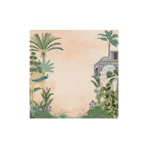 Traditional_Indian_Garden_Art_Print_-_Elegant_Peacock_and_Tropical_Foliage_with_Historic_Architecture_for_Serene_Home_Décor