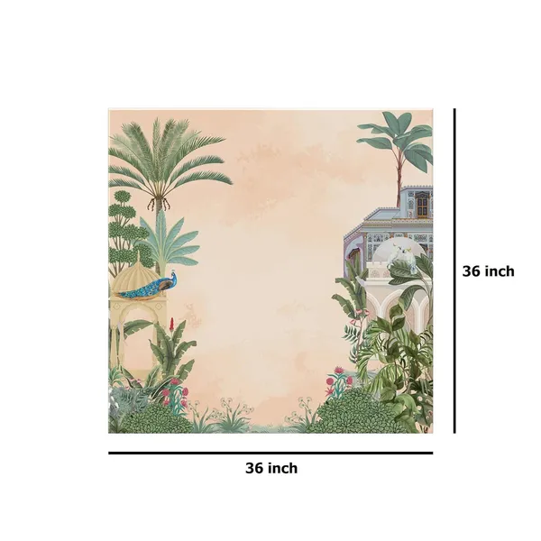 Traditional_Indian_Garden_Art_Print_-_Elegant_Peacock_and_Tropical_Foliage_with_Historic_Architecture_for_Serene_Home_Décor