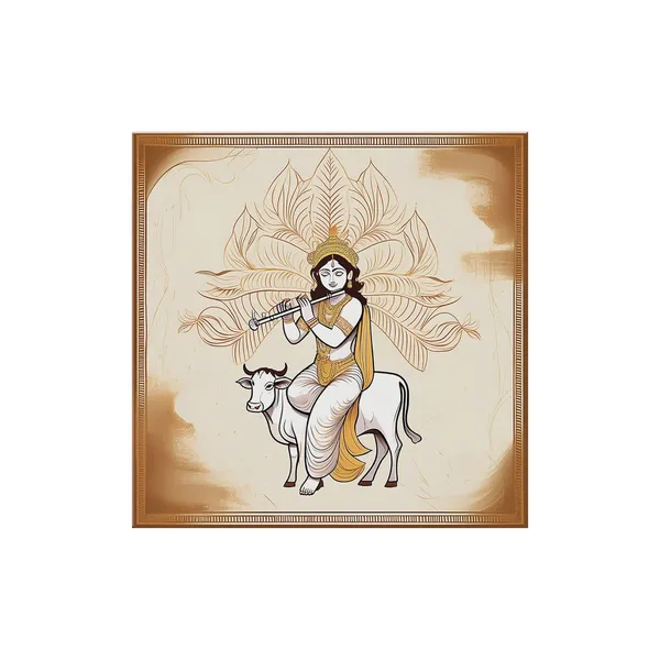 Traditional_Indian_Art_Print_-_Lord_Krishna_Playing_Flute_on_Cow_with_Intricate_Gold_Accents_for_Elegant_Home_Decor