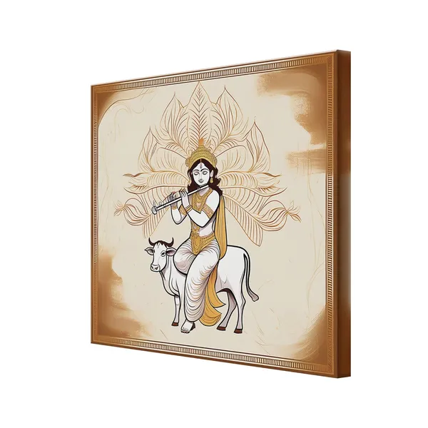 Traditional_Indian_Art_Print_-_Lord_Krishna_Playing_Flute_on_Cow_with_Intricate_Gold_Accents_for_Elegant_Home_Decor