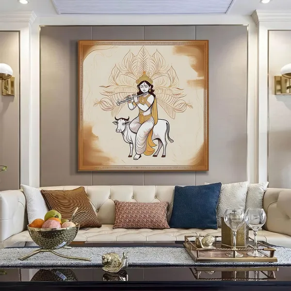 Traditional_Indian_Art_Print_-_Lord_Krishna_Playing_Flute_on_Cow_with_Intricate_Gold_Accents_for_Elegant_Home_Decor