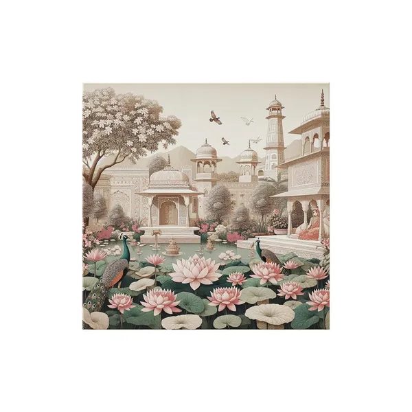 Traditional_Indian_Garden_Art_Print_-_Serene_Lotus_Pond_and_Elegant_Architecture_with_Peacocks_for_Tranquil_Home_Décor(FLP36X360158)