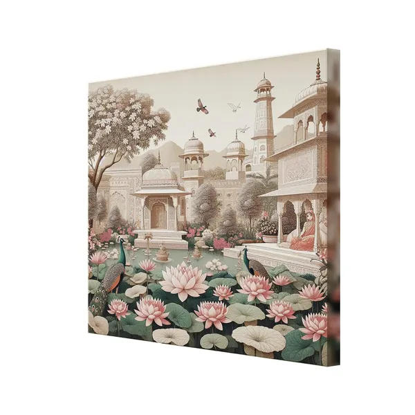 Traditional_Indian_Garden_Art_Print_-_Serene_Lotus_Pond_and_Elegant_Architecture_with_Peacocks_for_Tranquil_Home_Décor(FLP36X360158)
