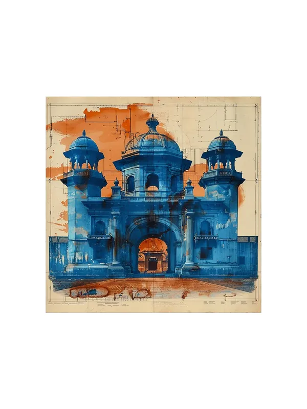 this_artwork_is_An_artistic_depiction_of_an_architectural_blueprint_in_blue,_contrasted_with_warm_orange_tones_painting_for_wall_decoration(FLP36X360204)