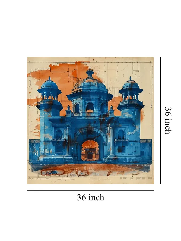 this_artwork_is_An_artistic_depiction_of_an_architectural_blueprint_in_blue,_contrasted_with_warm_orange_tones_painting_for_wall_decoration(FLP36X360204)