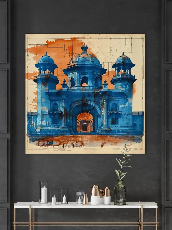 this_artwork_is_An_artistic_depiction_of_an_architectural_blueprint_in_blue,_contrasted_with_warm_orange_tones_painting_for_wall_decoration(FLP36X360204)