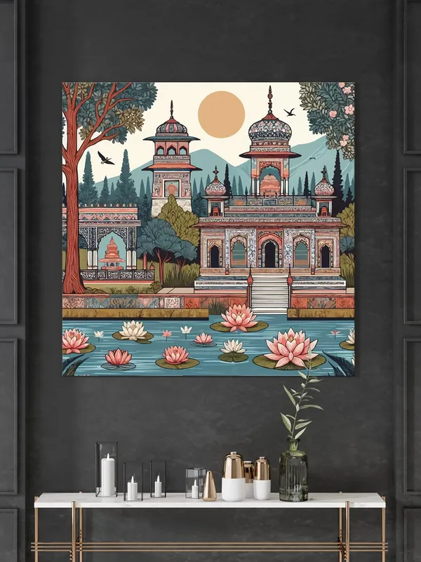 indian_art_raj_mahal_with_garden_and_lotus_sun_modern_art_wall_painting_for_home_indian_miniature_painting(FLP36X360220)