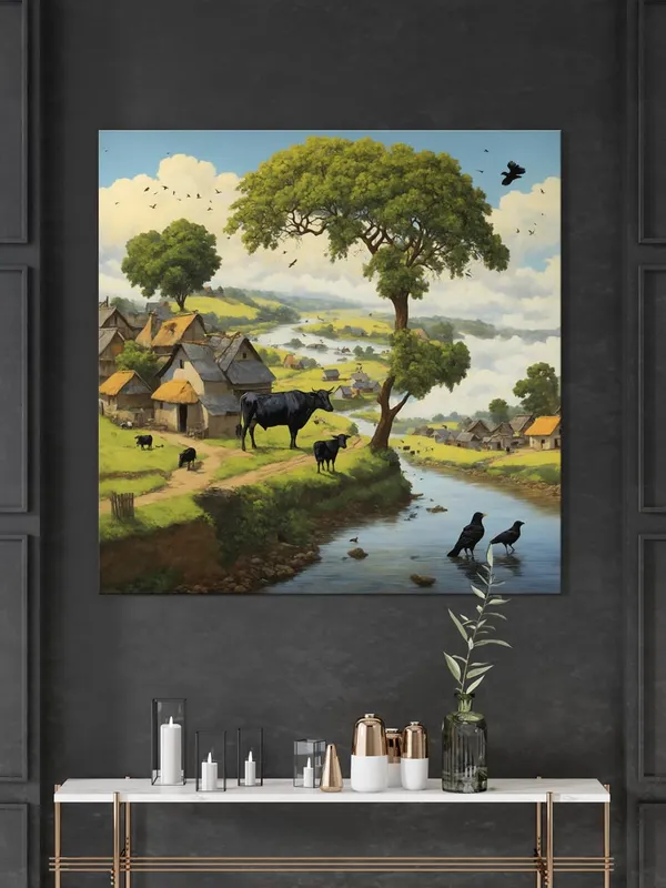 a_peaceful_village_scene_by_a_river_with_cows_grazing_and_birds_by_the_watervillage_scene_painting_vastu(FLP36X360177)