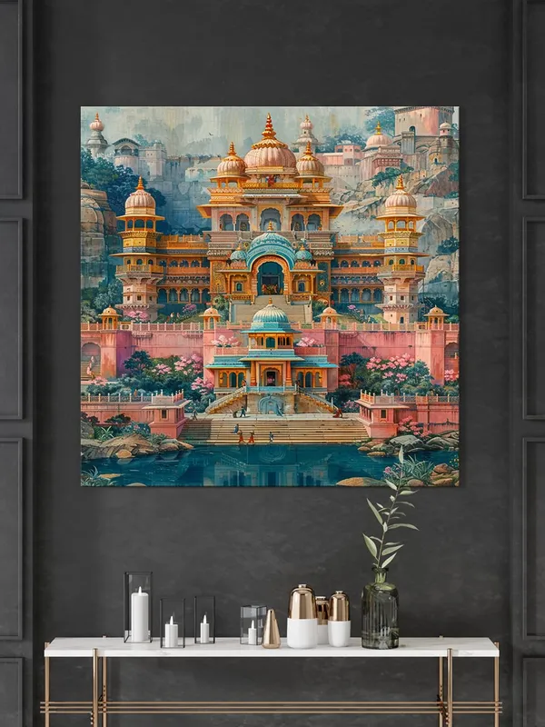 A_richly_detailed_illustration_of_a_grand_Indian_palace_nestled_among_lush_hills_indian_paintings_for_living_room(FLP36X360205)