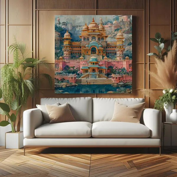 A_richly_detailed_illustration_of_a_grand_Indian_palace_nestled_among_lush_hills_indian_paintings_for_living_room(FLP36X360205)