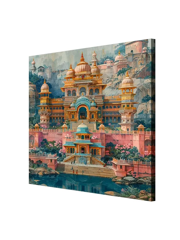 A_richly_detailed_illustration_of_a_grand_Indian_palace_nestled_among_lush_hills_indian_paintings_for_living_room(FLP36X360205)