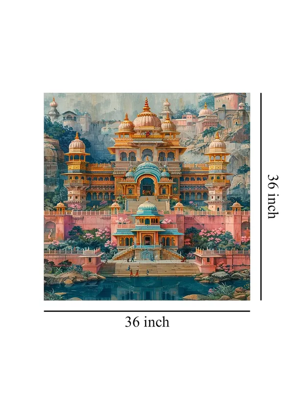 A_richly_detailed_illustration_of_a_grand_Indian_palace_nestled_among_lush_hills_indian_paintings_for_living_room(FLP36X360205)