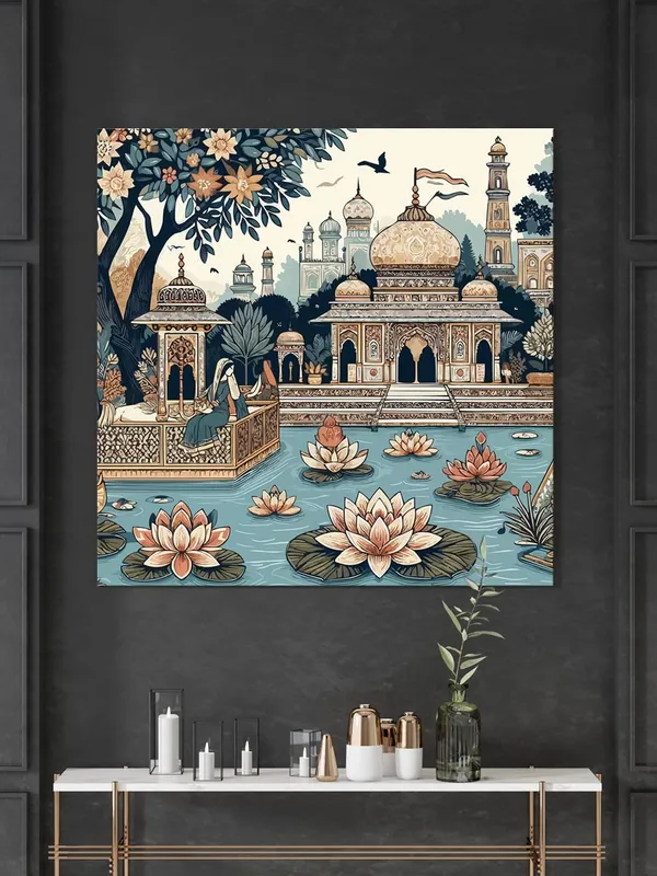 Traditional_Indian_Palace_with_Lotus_Pond_indian_art_painting_with_frame(FLP36X360201)