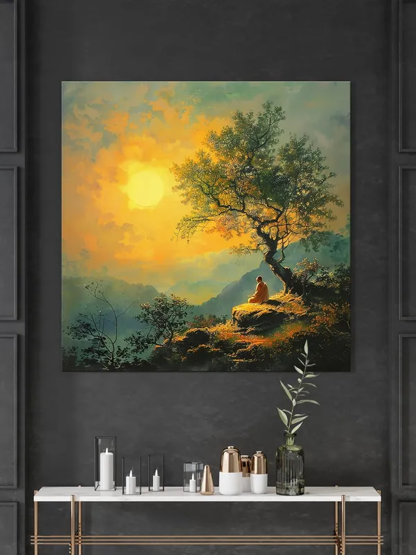 showing_a_monk_meditating_on_a_hill_under_a_setting_sun_and_tree_tree_painting_for_wall_decoration(FLP36X360191)