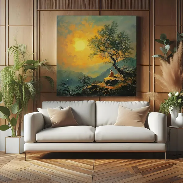 showing_a_monk_meditating_on_a_hill_under_a_setting_sun_and_tree_tree_painting_for_wall_decoration(FLP36X360191)